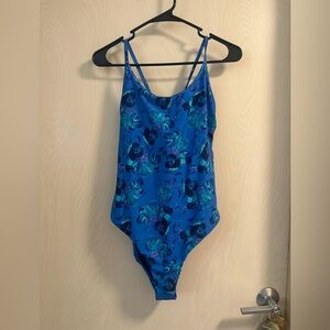 Title Nine One Piece Blue Floral high cut leg cross cross back Swimsuit